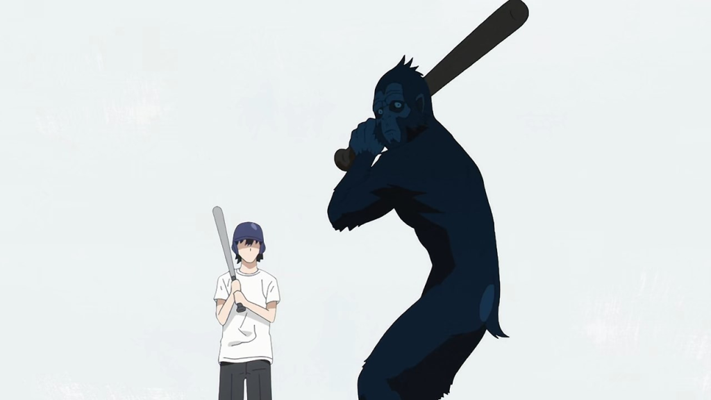 Kadr z anime Sonny Boy, pokazujący małpę grającą w baseball.